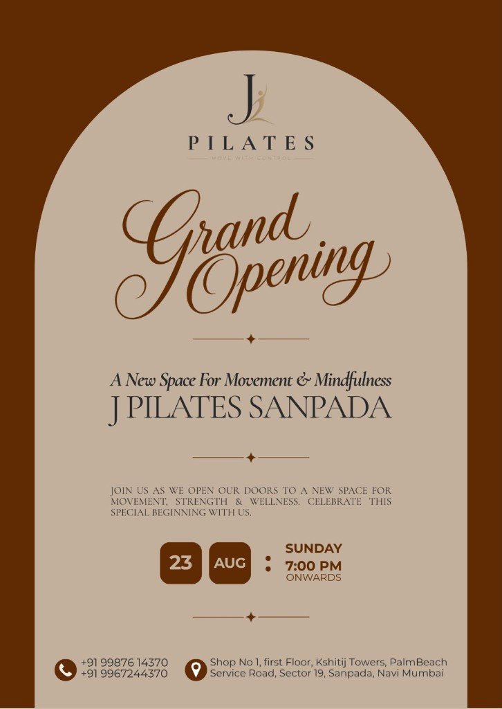 Grand Opening invitation for J Pilates Sanpada on Sunday 23 August, 7:00 PM onwards