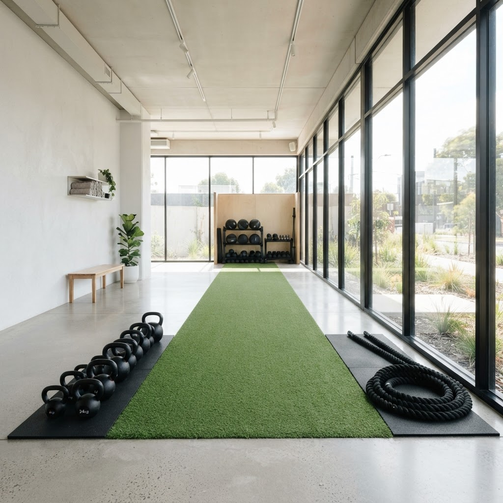 Functional training area with kettlebells and turf