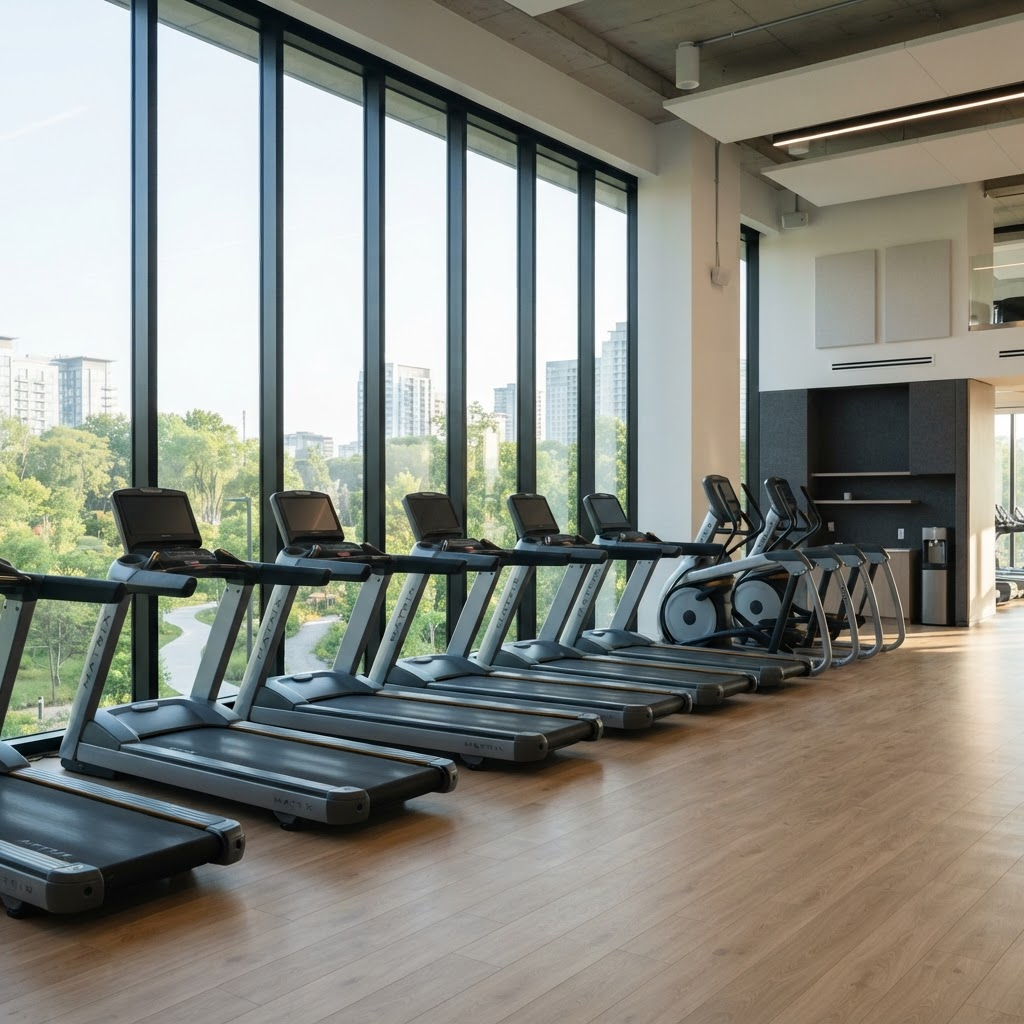Cardio machines facing large studio windows